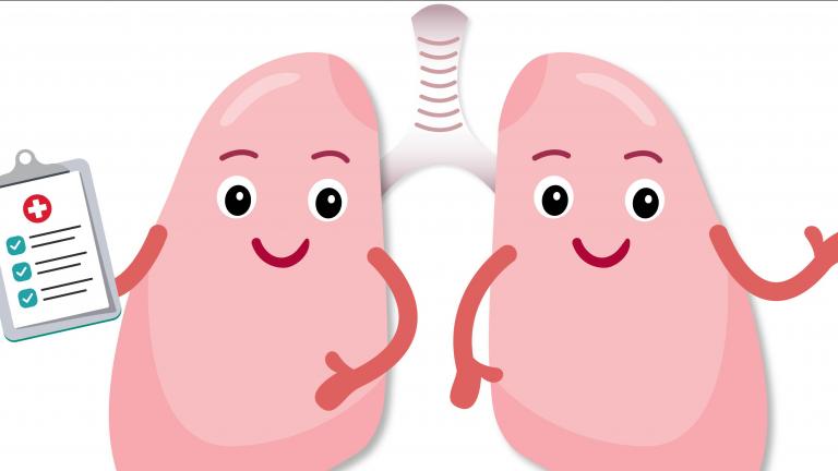 Illustration of lungs smiling while waving and holding a clipboard.