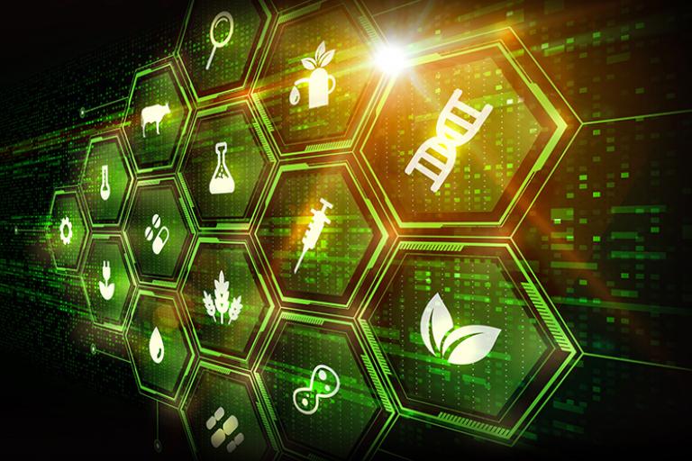 Image showing multiple hexagons with icons showcasing biological items such as DNA and a beaker
