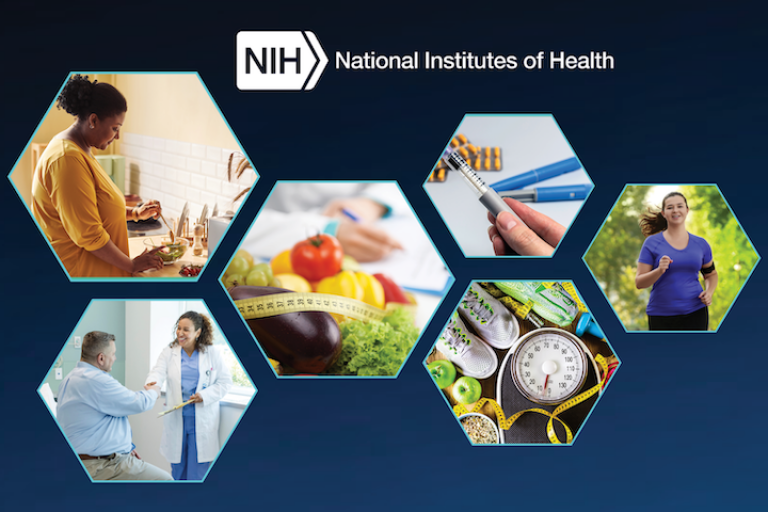 image shows NIH logo and six small photos; first one shows a woman preparing food, second shows a doctor speaking with a patient, third shows a measuring tape and vegetables, fourth shows a hand holding a syringe, fifth shows a weight scale with exercise equipment, and sixth shows a woman running outdoors.