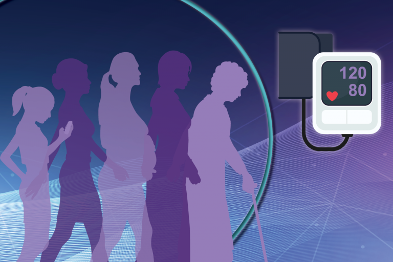 this is an illustration of five female figures ranging from girl to old woman with cane, and a blood pressure monitor with cuff