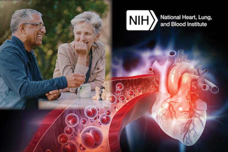 a photo of an older couple sitting at a table having coffee is overlaid over an illustration of a heart 