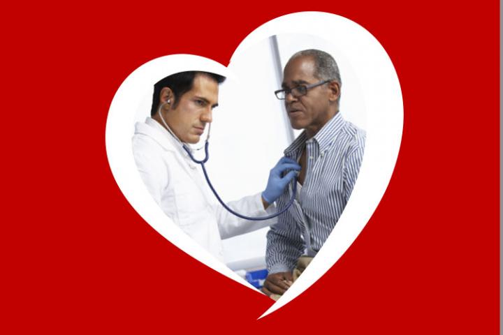 Doctor checking heart of patient with a stethoscope, with an illustration of a heart around the image