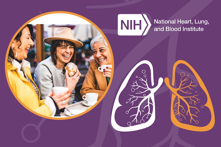 event banner with photo of three older women drinking coffee and laughing; also included is an illustration of human lungs