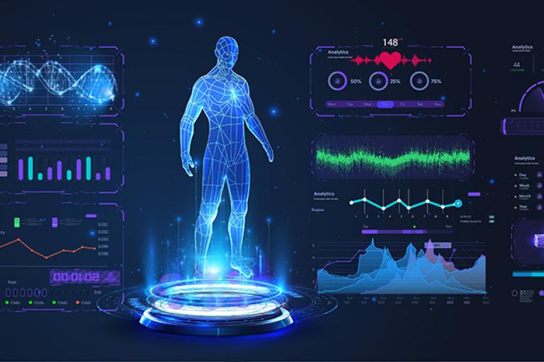 A 3D image of a human is shown on the backdrop of a computer with information about the health of their organs and systems.