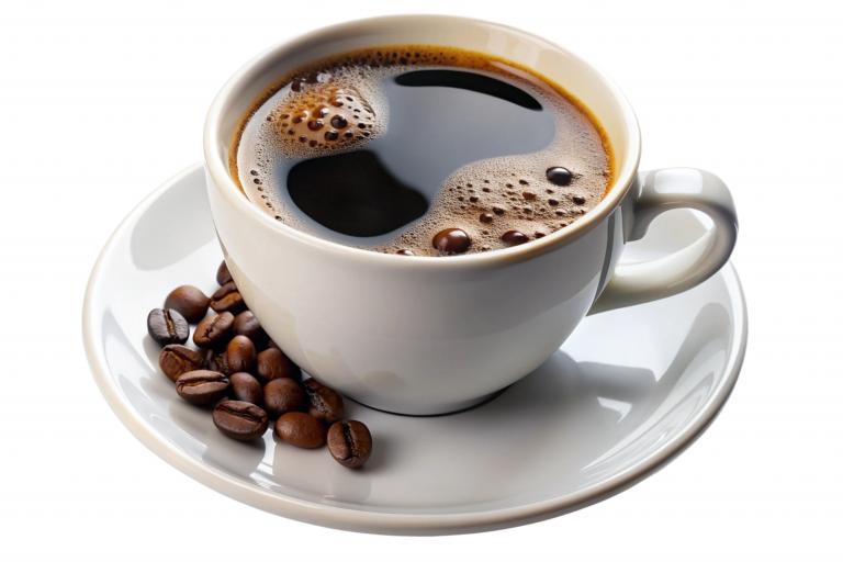 A mug with coffee beans and brewed coffee is shown. 
