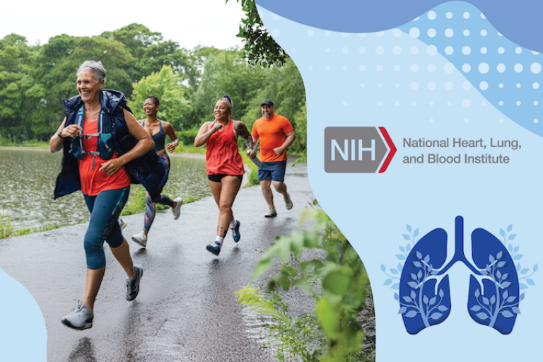 photo of three women and a man in athletic gear, running in the rain