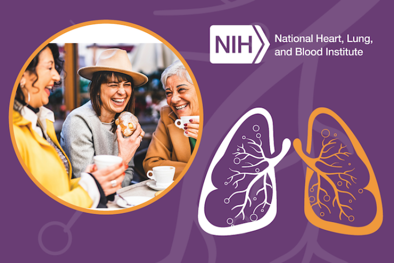 event banner with photo of three older women drinking coffee and laughing; also included is an illustration of human lungs