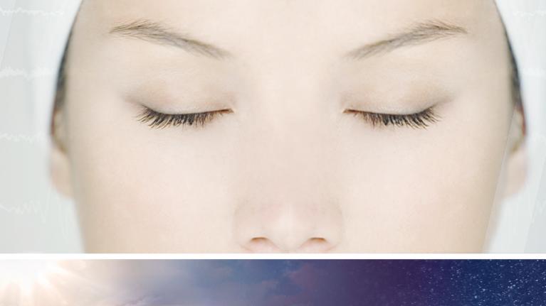 Decorative. Woman sleeping with a background depicting day to night cycle.