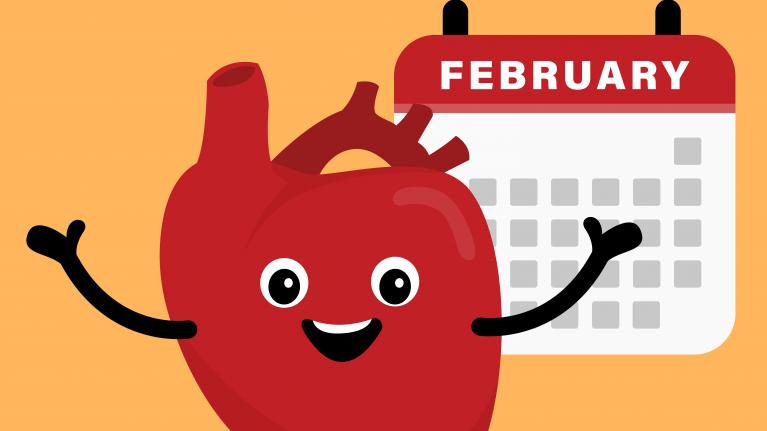Illustration of a heart character pointing at a February calendar.