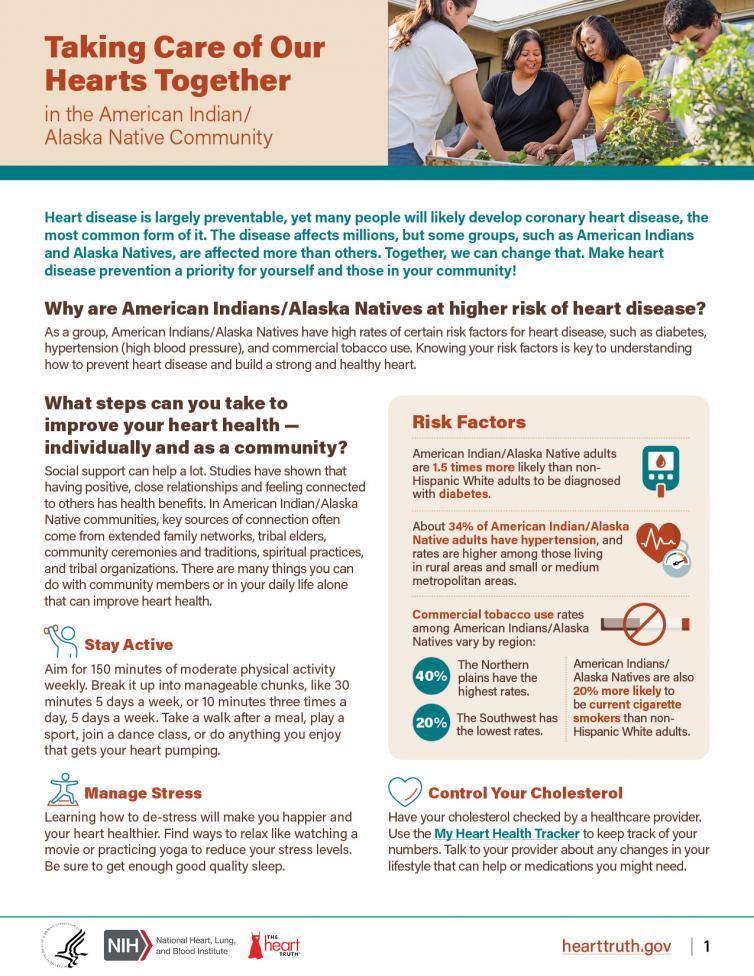 American Indian and Alaska Native community member are gardening. An illustration of a blood glucose meter. An illustration of a heart monitor showing the heart rate on a red heart. An illustration of a no smoking symbol. A blue circle with text: 40%. A blue circle with text: 20%. An illustration of a figure holding a dumbbell. An illustration of an apple. An illustration of a blood pressure cuff.