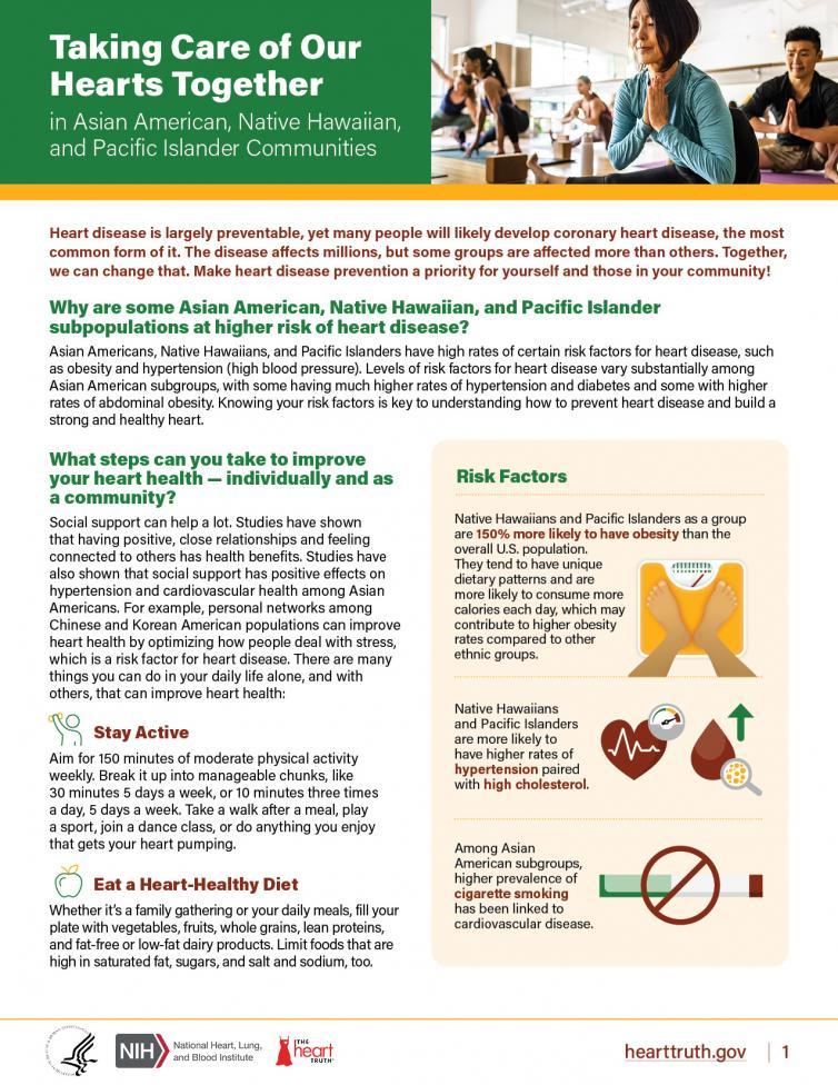 Asian American, Native Hawaiian, and Pacific Islander community memebers doing yoga. An illustration of a person’s feet on a scale. An illustration of a heart monitor showing the heart rate on a red heart. An illustration of a blood droplet, a green arrow pointing up, and a magnifying glass with cells. An illustration of a no smoking symbol. An illustration of a figure holding a dumbbell. An illustration of an apple.
