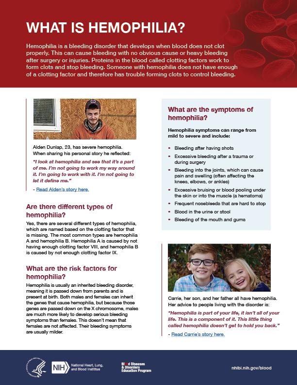 Background image shows illustrated red blood cells behind the headline. Image of a young man living with hemophilia with a quote, and an image of a brother and sister next to a quote from their mother who has hemophilia.