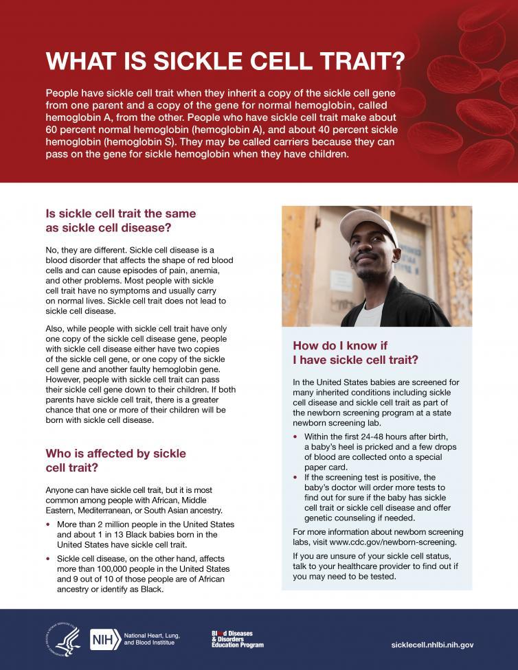 Background image shows illustrated red blood cells behind the headline. Image of a young man living with sickle cell trait.